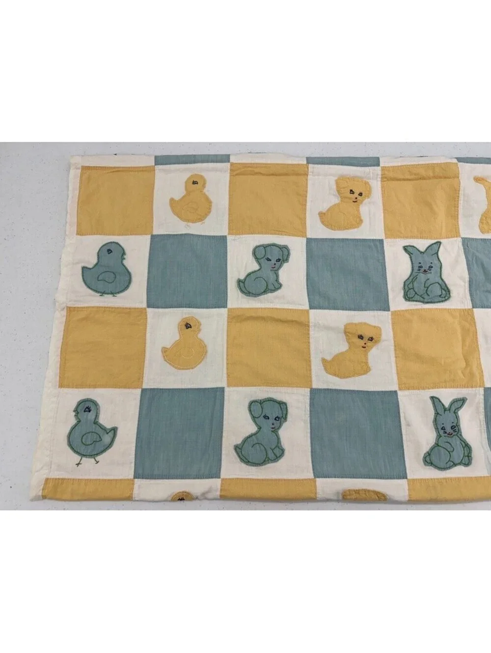Vintage Nursery Quilt Checkerboard Animal Appliques Pastel Palette Aqua Blue Lar